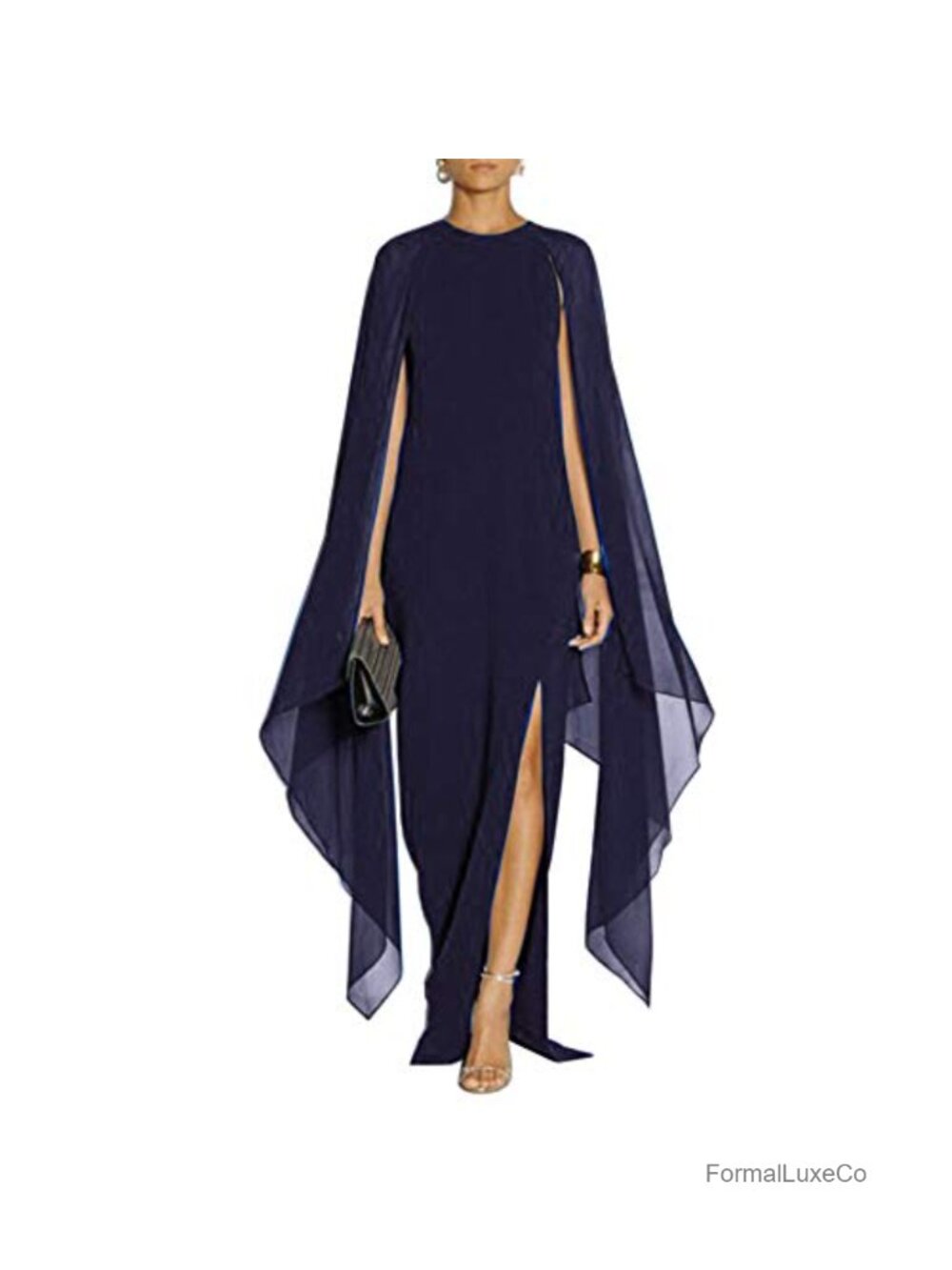 Elegant High Split Cape Sleeve Formal Maxi Dress